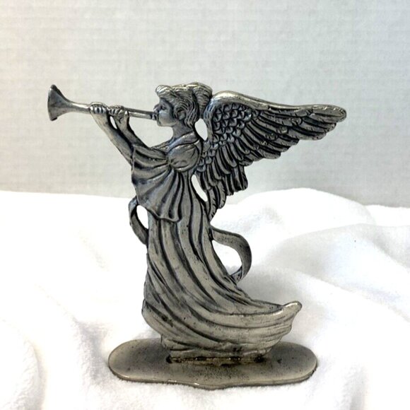 Vintage Silver Metal Horn Blowing Angel Standing Figure - Picture 1 of 5